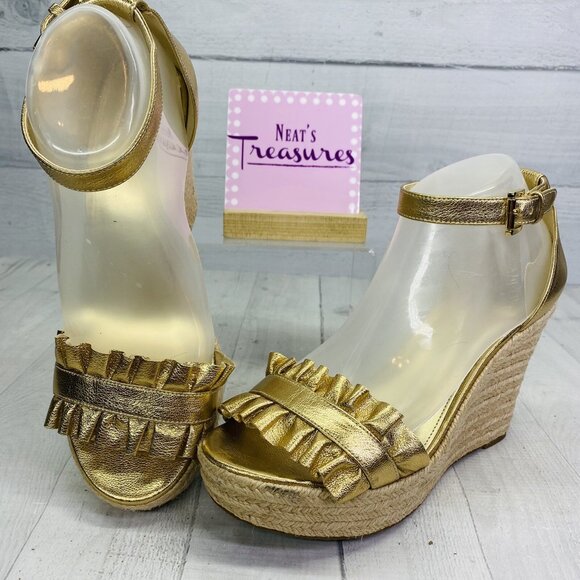 Michael Kors BELLA Gold Metallic Leather Ruffle Jute Platforms Sandals Sz 9 M 39 - Picture 2 of 12